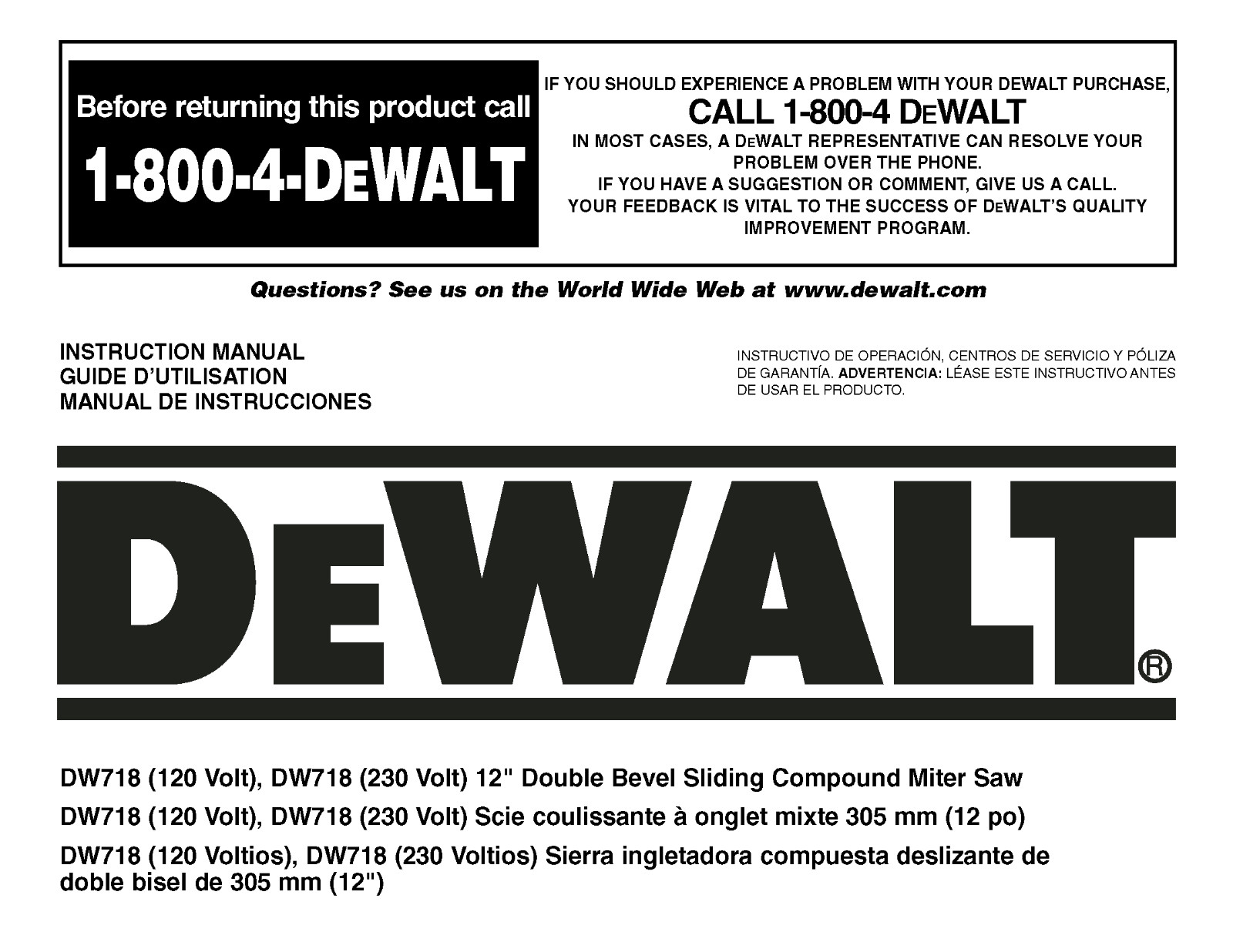 DeWALT DW718 Miter Saw Instruction Manual: 52 Pages Coil Bound