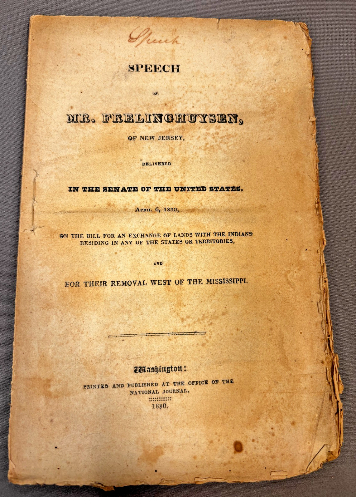 Antique 1830 U.S Senate Speech by Mr.Frelinghuysen on the removal of the Indians