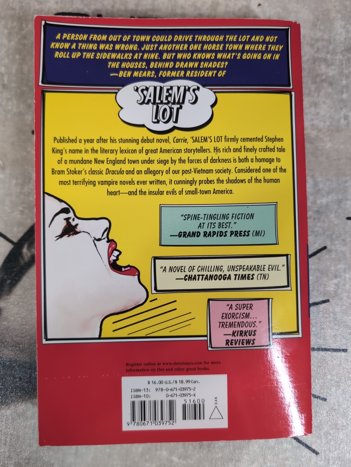 Stephen King Salem’s Lot Rare Cover 2000 Print Paperback 1ST PRINT Pocket Books